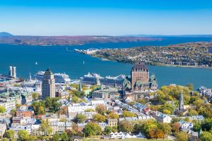 quebec city, panorama of the town, with the chateau frontenac and the saint laurent river