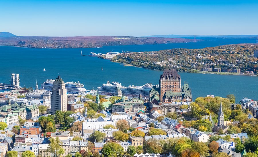 quebec city, panorama of the town, with the chateau frontenac and the saint laurent river