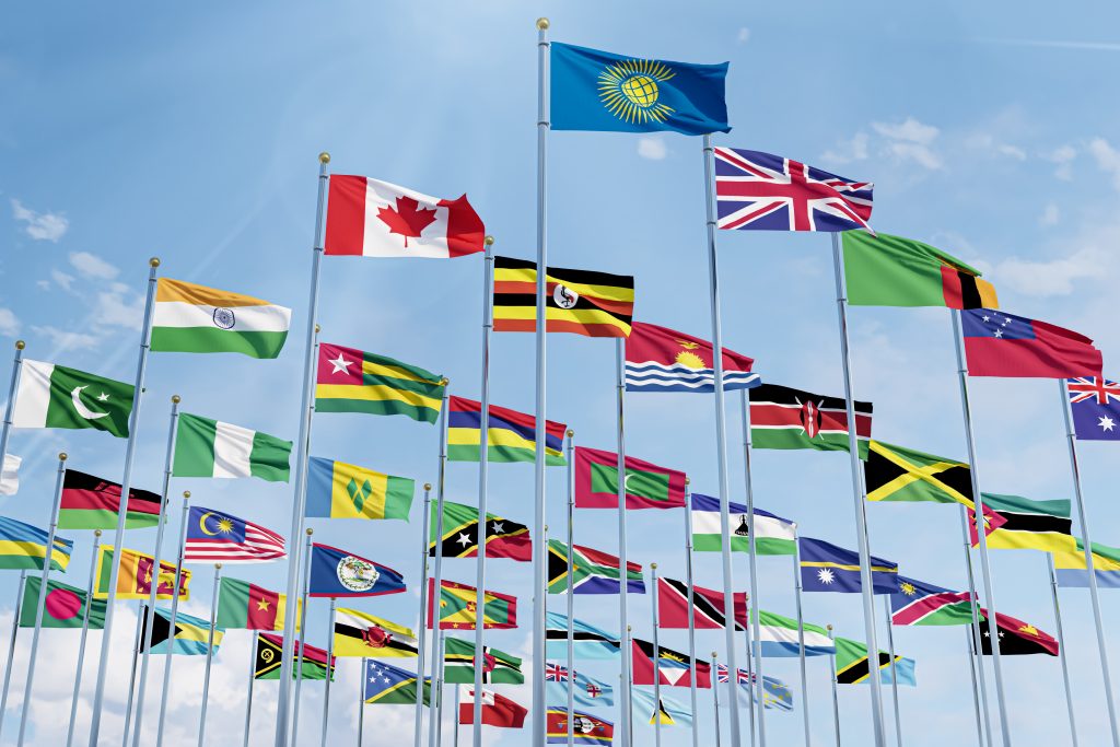 the flag of the commonwealth of nations with the flags of the organization's countries along with the flag of britain