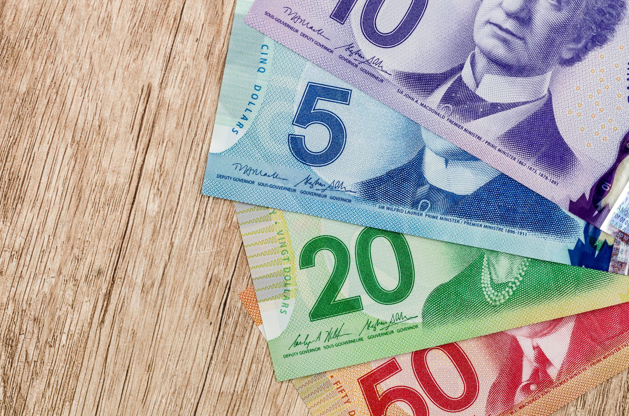 canadian dollar on wooden table close up